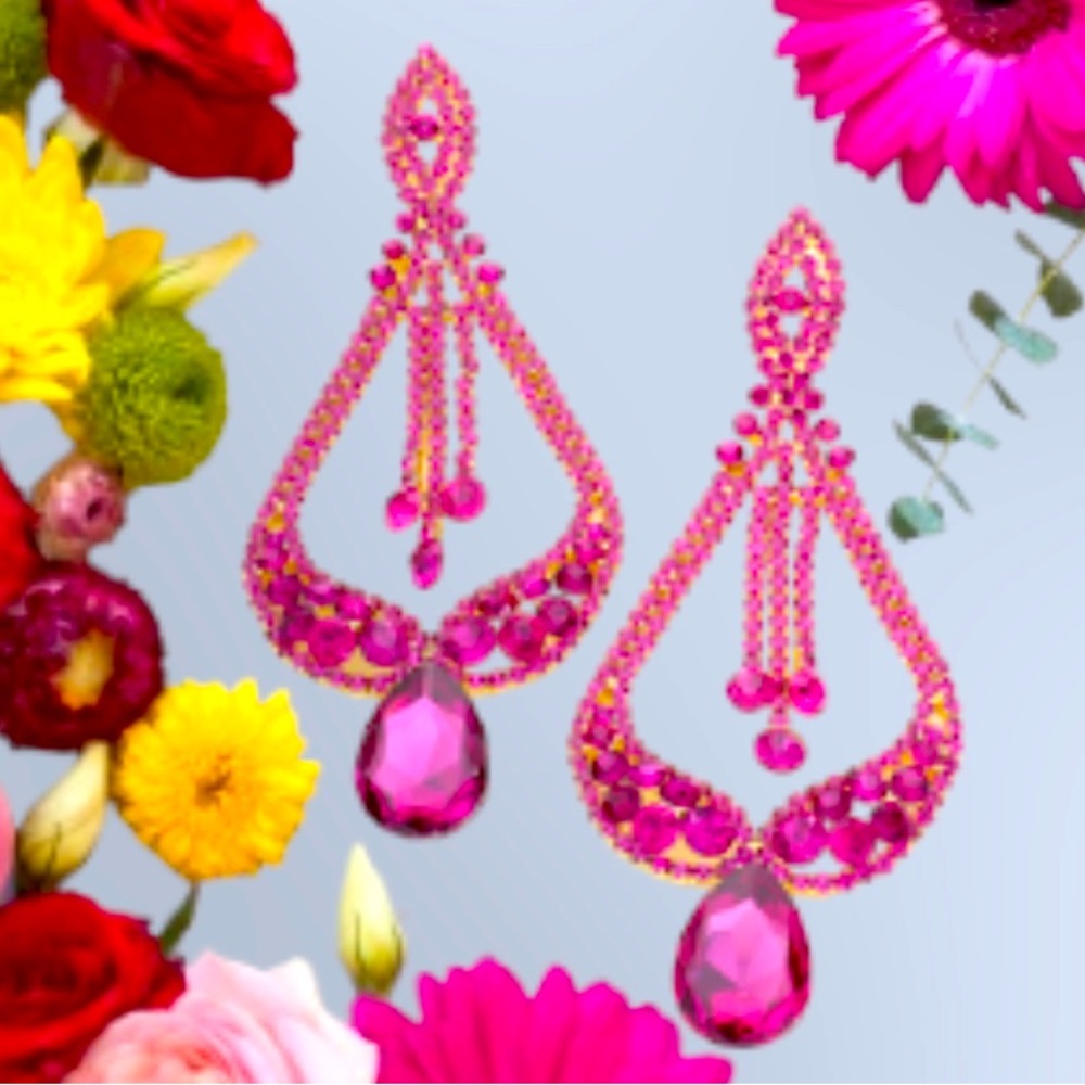 Long Hot Pink Crystal Chandelier Earrings